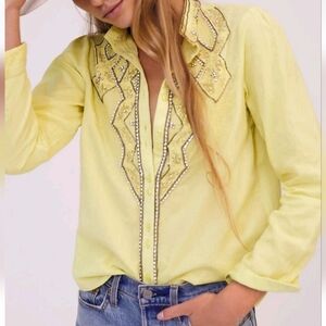Anthropologie Yellow Embellished Button Down Shirt